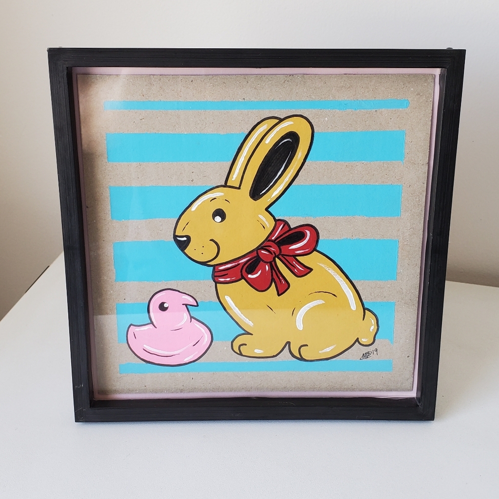 Original Chocolate Gold Bunny & Candy Pink Peep Chick Framed Acrylic Painting